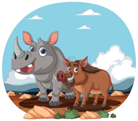 Cartoon rhino and warthog standing together outdoors.