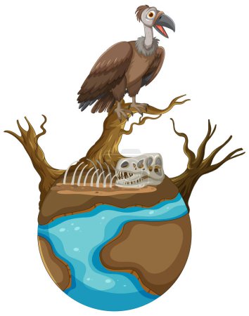 Illustration for Illustration of a vulture atop a globe with bones. - Royalty Free Image