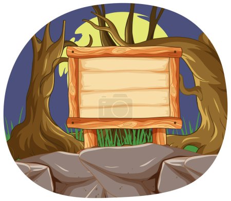 Téléchargez les illustrations : Panneau en bois dans un cadre de forêt mystique - en licence libre de droit