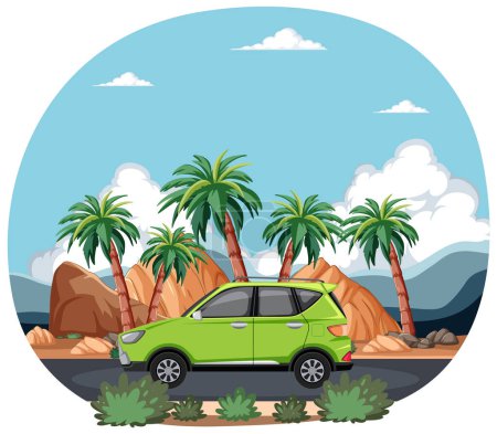 Téléchargez les illustrations : Illustration vectorielle d'une voiture parmi les palmiers. - en licence libre de droit