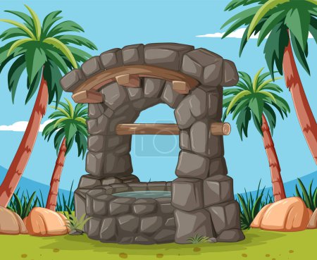 Cartoon-Stein Brunnen in einer üppigen tropischen Umgebung.