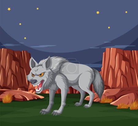 Un lobo agresivo se encuentra entre un terreno rocoso.