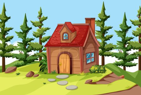 Illustration for Charming woodland cottage surrounded by pine trees - Royalty Free Image