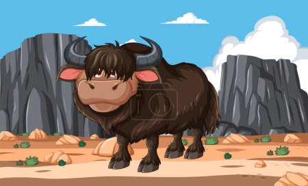 Cartoon yak standing in a rocky terrain