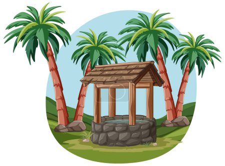Illustration of a well under palm trees.