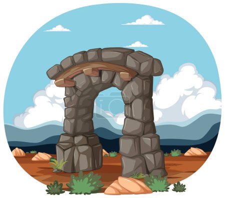 Téléchargez les illustrations : Illustration vectorielle d'une arche de pierre dans un désert. - en licence libre de droit