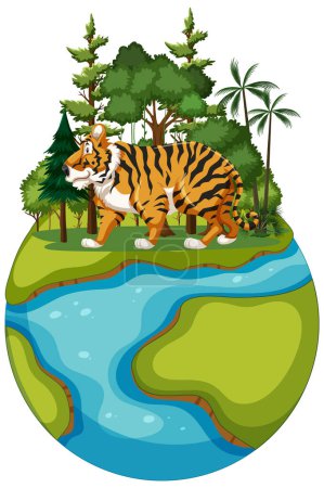 Téléchargez les illustrations : Illustration d'un tigre sur une petite planète boisée. - en licence libre de droit