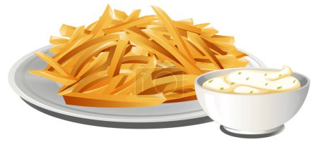 Ilustración de Placa de papas fritas doradas con un lado de salsa. - Imagen libre de derechos