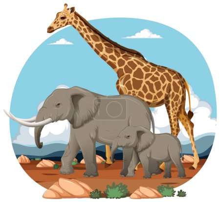 Ilustración de Jirafa y elefantes en un paisaje africano natural. - Imagen libre de derechos