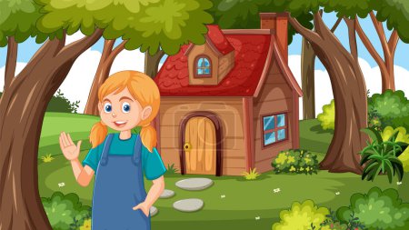 Illustration for Cheerful girl waving in front of a cozy house - Royalty Free Image