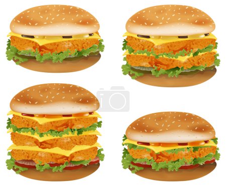 Four different burgers with various toppings illustrated.