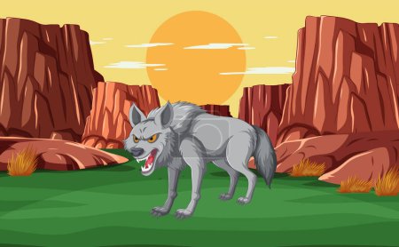 Illustration eines knurrenden Wolfes in einer Wüstenlandschaft