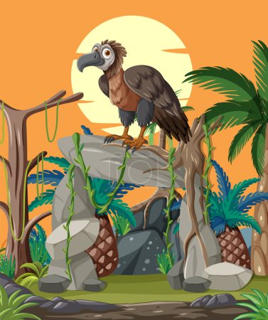 Ilustración de Ilustración de un buitre sobre una roca en la selva. - Imagen libre de derechos