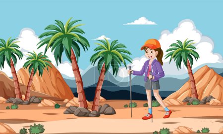 Téléchargez les illustrations : Illustration d'une fille faisant de la randonnée dans un désert avec des palmiers. - en licence libre de droit