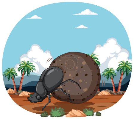 Cartoon dung beetle pushing a large ball.
