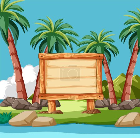 Téléchargez les illustrations : Panneau en bois sur une plage tropicale avec palmiers. - en licence libre de droit