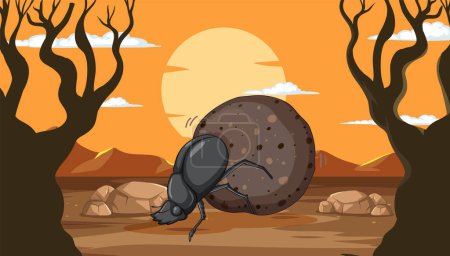 Ilustración de Ilustración vectorial de un escarabajo de estiércol empujando estiércol - Imagen libre de derechos