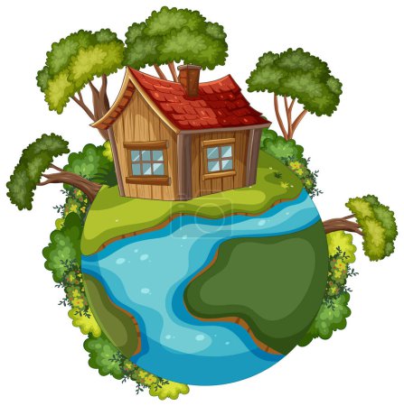 Téléchargez les illustrations : Maison en bois pittoresque sur une petite planète verte - en licence libre de droit