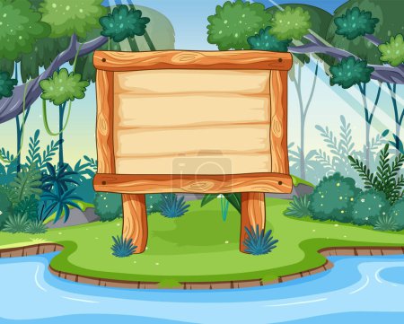Illustration for Cartoon wooden sign by a serene riverside. - Royalty Free Image