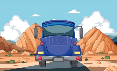 Ilustración de Coche vintage azul viajando por el paisaje del desierto. - Imagen libre de derechos