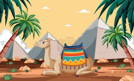 Illustration of a camel in a desert landscape.