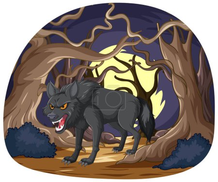 Ilustración de un lobo amenazante en un bosque oscuro.