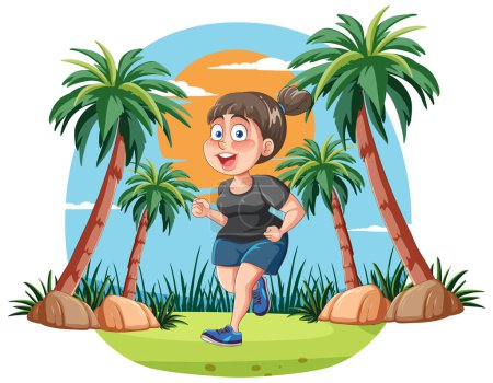 Téléchargez les illustrations : Femme jogging heureux parmi les palmiers au lever du soleil. - en licence libre de droit