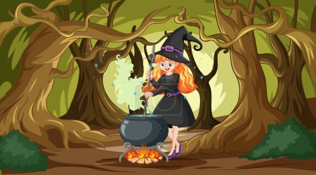 Ilustración de Cartoon witch with cauldron in a mystical forest. - Imagen libre de derechos