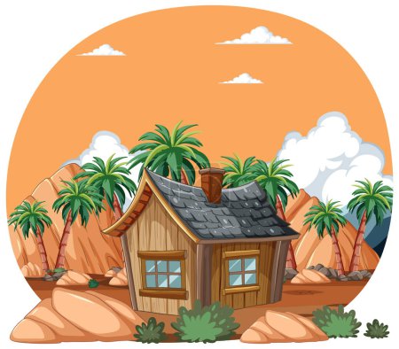 Cozy cabin surrounded by palm trees and rocks.