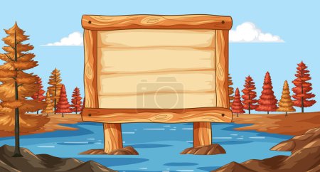 Téléchargez les illustrations : Panneau en bois vide près d'un lac serein - en licence libre de droit
