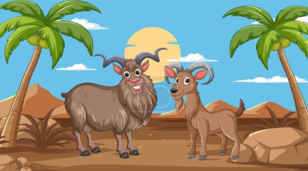 Ilustración de Dos cabras paradas bajo palmeras en el desierto. - Imagen libre de derechos