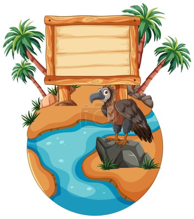 Téléchargez les illustrations : Aigle perché sur le rocher près du panneau en bois et des palmiers. - en licence libre de droit