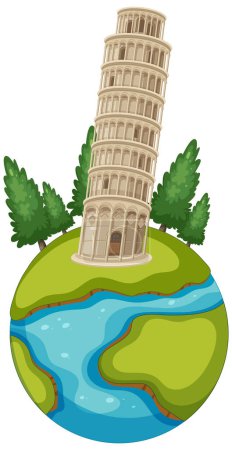 Illustration des berühmten Turms auf einer stilisierten Erde.