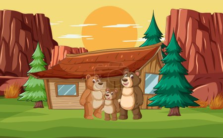 Illustration for Three cartoon bears enjoying a sunny day outdoors. - Royalty Free Image