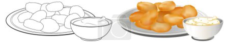Vector illustration of fried snacks and sauce bowls.