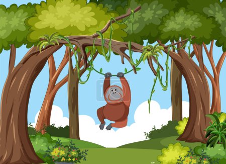 Ilustración de Orangután colgando de las vides en un bosque vibrante - Imagen libre de derechos