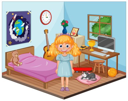 Téléchargez les illustrations : Illustration vectorielle d'une fille dans une chambre colorée - en licence libre de droit