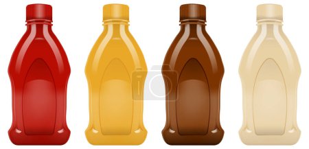 Quatre bouteilles avec des condiments de couleur différente