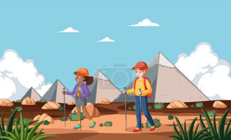 Illustration for Two hikers trekking through a scenic mountain landscape - Royalty Free Image