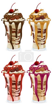 Illustration for Four milkshakes with various toppings and syrups. - Royalty Free Image