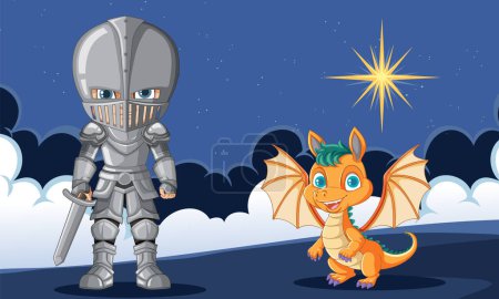 Téléchargez les illustrations : Illustration d'un chevalier et d'un dragon par une nuit de clair de lune. - en licence libre de droit