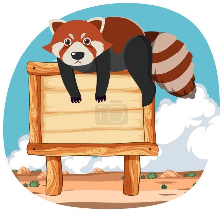 Niedlicher roter Panda liegt auf einem Holzschild.
