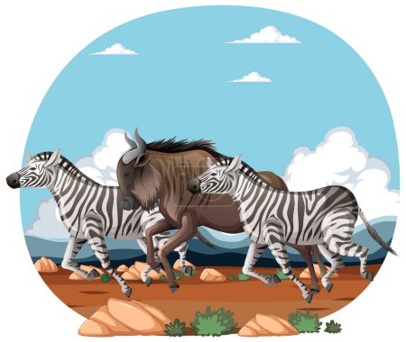 Illustration of zebras and a wildebeest running together.