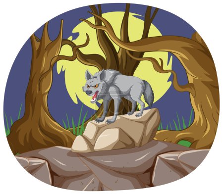 Ilustración de un lobo aullando en un afloramiento rocoso.