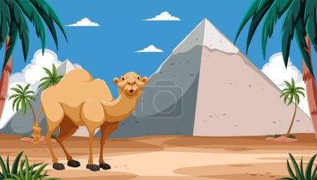 Téléchargez les illustrations : Dessin animé chameau debout près de la pyramide et les paumes. - en licence libre de droit