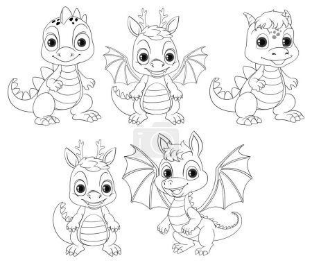 Ilustración de Cinco adorables dragones bebé en varias poses. - Imagen libre de derechos