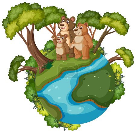 Ilustración de Tres osos de dibujos animados parados en un pequeño planeta. - Imagen libre de derechos