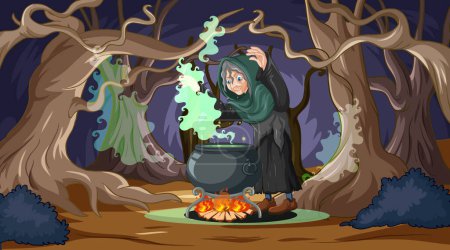 Téléchargez les illustrations : Sorcière agitant une potion magique dans la forêt sombre - en licence libre de droit