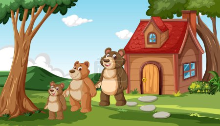Cartoon bears by their house in the woods