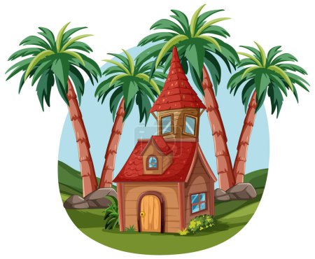 Casa de dibujos animados con techo rojo entre palmeras.